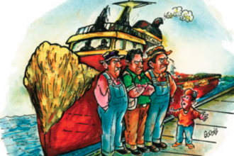 An illustration of some old skippers turning their backs on a tug boat