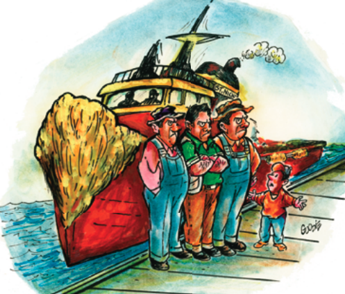 An illustration of some old skippers turning their backs on a tug boat