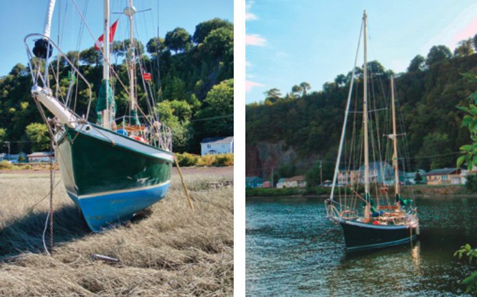 Kuan Yin is a Tahitiana 32, and her long full keel allows her to take the ground very easily, at left. Dennison had the sheer legs aboard, so he was equipped to prop her up. At low tide, the bay looks like a meadow, but at high tide, the grass is completely covered to a depth of five feet, at right.