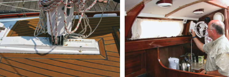 The Mistral’s mast is stepped on deck on a raised stiffener that spans two bulkheads, at left. Stephen surfaced the deck with TekDek. Stephen placed mounting pads for a multi-directional fan, at right, throughout Vera May ’s cabin. The wooden deck beams are structural, not decorative.