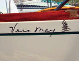 Stephen applied his boat’s name by copying his mother’s signature, complete with rabbit.