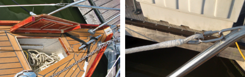 Among the many additions Stephen made to the Vera May was the anchor locker, at left. He also installed the windlass. He went his own way with the lifelines, at right, making them of high-tech synthetic fibers instead of the traditional stainless-steel wire cable.