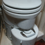 The Air Head is bulkier than a standard marine toilet and a close fit in Eurisko, but it eliminates the need for a holding tank.