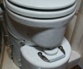 The Air Head is bulkier than a standard marine toilet and a close fit in Eurisko, but it eliminates the need for a holding tank.
