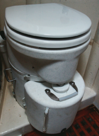 The Air Head is bulkier than a standard marine toilet and a close fit in Eurisko, but it eliminates the need for a holding tank.