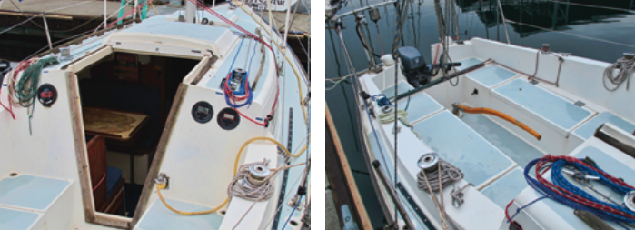 The companionway has a low sill for easy ingress and egress, at left, but in rough conditions the bottom weather board should be locked in place. The red lines running along the cabin sides are part of Dave Gow’s boom vang/preventer system. The cockpit has high coamings for comfortable backrests, at right. Dave says the 8-hp outboard has always been more than adequate power, even against Puget Sound’s notorious currents.