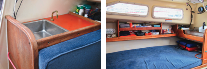 The galley in the Ranger 26 is quite minimal. The small sink is hard against the aft bulkhead on the port side, at left, and the stove is opposite on the starboard side, at right. The starboard settee extends under the stove, and shelves above it provide storage for sundry items.