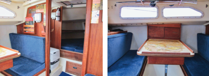 Bandit’s racing honors, garnered under several owners, adorn the main bulkhead, at left. Forward is the small head compartment and spacious (for this size boat) V-berth. The dinette in the saloon, at right, is well lit by the fixed ports in the cabin trunk and converts to a double berth.
