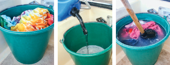 Connie measures a laundry load by filling the bucket with dry clothes, at left. She then adds detergent and dissolves it in water (pre-warmed, if needed, by the sun), center. The wash cycle then commences with the plunger, at right.