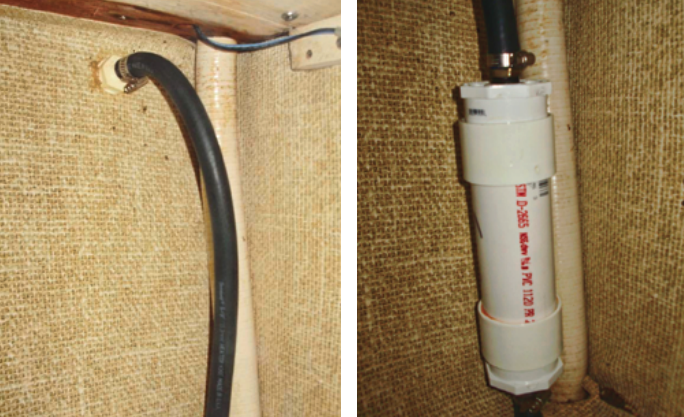 The space available around the holding-tank vent hose will probably determine the length of the filter as well as where it will fit. This is the vent hose in Bob’s boat before he fitted the filter, at left. Dry fit the filter housing before adding the charcoal. It’s easy enough to trim the PVC pipe to length. Cut into the vent line only after making the filter. Clamp the hose to the hose barbs. Secure the filter if necessary, at right.