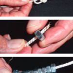 Carl’s weighted halyard messenger begins with a figure-eight knot tied several inches from the end of the line, at top. He then threads steel nuts onto the messenger line to create a weight flexible enough to pass over a sheave, at middle and above. Another knot tied at the end of the messenger keeps the nuts from falling off.