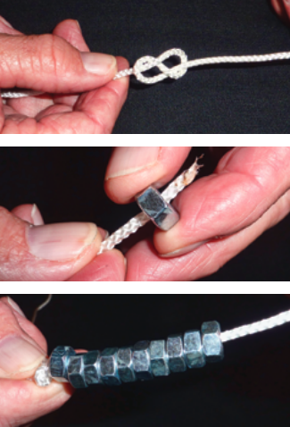 Carl’s weighted halyard messenger begins with a figure-eight knot tied several inches from the end of the line, at top. He then threads steel nuts onto the messenger line to create a weight flexible enough to pass over a sheave, at middle and above. Another knot tied at the end of the messenger keeps the nuts from falling off.