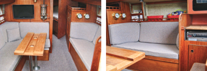 The saloon of the S2 9.2A, at left, is warmly appointed and comfortable. The L-shaped settee to port and standard settee to starboard make two good sea berths. The carpeting glued to the inside hull surfaces, at right, is just about the only disappointing feature of this otherwise attractive interior.