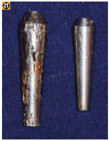 The corroded wedge (left) indicates water ingress into a terminal.