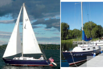 The dark hull of Steve and Diann Cook’s Seafarer 24, Endeavour, emphasizes the classic lines of this nearly 40-year-old design.