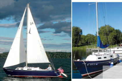 The dark hull of Steve and Diann Cook’s Seafarer 24, Endeavour, emphasizes the classic lines of this nearly 40-year-old design.