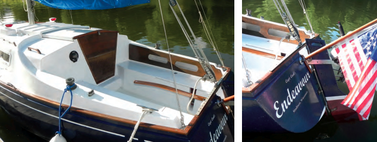 A distinctive feature of the Seafarer 24, and of some other McCurdy & Rhodes designs, is the high coaming wrapping into and over the cabin trunk, at left below. Handy cubbies are built into the coamings. At the launch ramp, the rudder, at right, can be raised using the handle molded into its top.