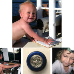 Damaris, just 10 months old, admires the shiny white mooring bitts in Baja California, near the beginning of Ganymede’s cruise, top of page. One corner is already weeping rust. Ben adjusts the linkage to his ill-fated self-steering vane, at left. The spoked wheel was once part of a baby stroller. AAA-powered LED button lights from a home-improvement store, center, worked only for a short while. The Energizer LED headlamp worn by Emily, at right, proved more reliable.
