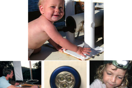 Damaris, just 10 months old, admires the shiny white mooring bitts in Baja California, near the beginning of Ganymede’s cruise, top of page. One corner is already weeping rust. Ben adjusts the linkage to his ill-fated self-steering vane, at left. The spoked wheel was once part of a baby stroller. AAA-powered LED button lights from a home-improvement store, center, worked only for a short while. The Energizer LED headlamp worn by Emily, at right, proved more reliable.