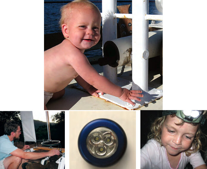 Damaris, just 10 months old, admires the shiny white mooring bitts in Baja California, near the beginning of Ganymede’s cruise, top of page. One corner is already weeping rust. Ben adjusts the linkage to his ill-fated self-steering vane, at left. The spoked wheel was once part of a baby stroller. AAA-powered LED button lights from a home-improvement store, center, worked only for a short while. The Energizer LED headlamp worn by Emily, at right, proved more reliable.