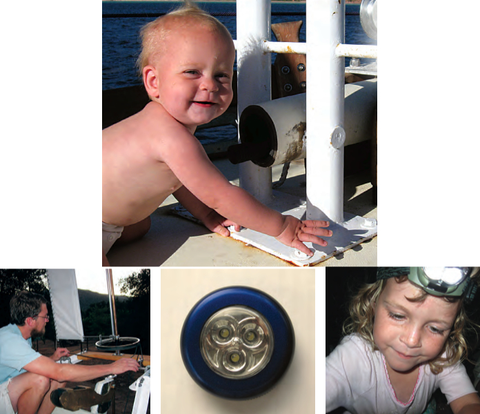 Damaris, just 10 months old, admires the shiny white mooring bitts in Baja California, near the beginning of Ganymede’s cruise, top of page. One corner is already weeping rust. Ben adjusts the linkage to his ill-fated self-steering vane, at left. The spoked wheel was once part of a baby stroller. AAA-powered LED button lights from a home-improvement store, center, worked only for a short while. The Energizer LED headlamp worn by Emily, at right, proved more reliable.