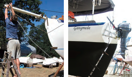 Ben fits whisker stays to Ganymede’s fiberglass bowsprit shortly after he’d installed it, at left. Ganymede’s 8-horsepower Yamaha outboard engine and its bracket were still looking good in Cartagena, Colombia, after 5,000 miles of exposure, abuse, and a passage through the Panama Canal, at right.