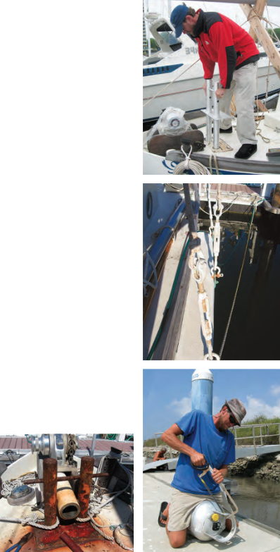 By the time Ganymede arrived in Virginia for a refit, the mooring bitts were weeping rust everywhere, at left. New bitts were high on the winter refit list, top right. Ganymede’s galvanized turnbuckles were almost immovable, and shackles in contact with bronze chainplates were rusted fast shut, middle right. In Huatulco, Mexico, Ben modified his propane tank so the Mexican filling nozzle would fit, bottom right.