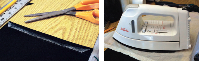 Instead of folding over and stitching the four edges of his fabric to make the hems, Clarence folded them and glued them with fabric-mending tape. He applied the tape to an edge, at left, then set the glue with heat and steam using an iron and a damp cloth, at right.
