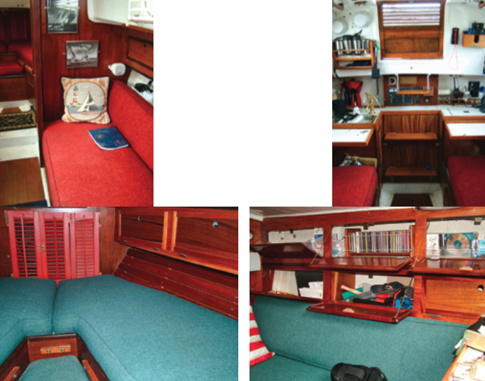 Before Dave renewed the upholstery, Scholarship II was cozy enough but looked a little tired, at left and right. To increase storage, Dave had cabinets built above the V-berth, below left, and above the saloon settees, below right. The blue-green upholstery also is new.