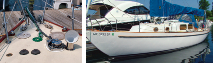 Among the major additions Dave made to facilitate boat handling are the anchor windlass, at left, and the rubrail, at right. The ports in the cabin are also new and at different times, Dave had Scholarship II’s hull and deck painted.