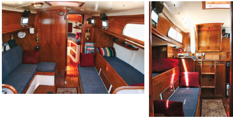 Jim Stedman lives aboard Song, and the inviting appearance of the saloon, above, shows that he keeps her in a very orderly condition. When Jim Doyle found Song, she was in sorry shape. One the many tasks he undertook in his restoration was to refurbish all of the the interior woodwork, which now looks like new, above and at right. He also installed new opening ports and redid the upholstery.