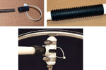 A machine screw used as a fast pin, top left, is the pivot for the extension. It can be secured with a wingnut or a length of tubing. Ribbed plastic tubing forms a grip, top right. The black connecting piece, at right, is a Bimini-top eye end fitting.