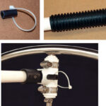 A machine screw used as a fast pin, top left, is the pivot for the extension. It can be secured with a wingnut or a length of tubing. Ribbed plastic tubing forms a grip, top right. The black connecting piece, at right, is a Bimini-top eye end fitting.