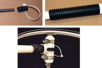 A machine screw used as a fast pin, top left, is the pivot for the extension. It can be secured with a wingnut or a length of tubing. Ribbed plastic tubing forms a grip, top right. The black connecting piece, at right, is a Bimini-top eye end fitting.