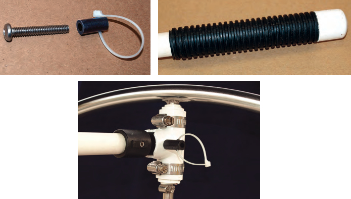 A machine screw used as a fast pin, top left, is the pivot for the extension. It can be secured with a wingnut or a length of tubing. Ribbed plastic tubing forms a grip, top right. The black connecting piece, at right, is a Bimini-top eye end fitting.