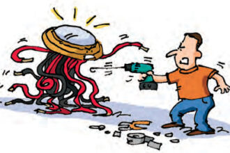 Illustration of a man fighting a robot