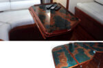 Patina copper and bar top epoxy created an interesting effect on the tabletop, a bit like a map that unfolds, below.
