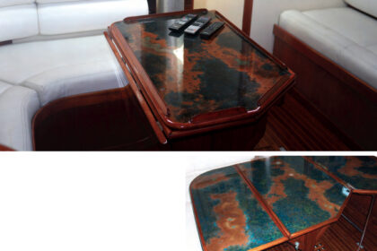 Patina copper and bar top epoxy created an interesting effect on the tabletop, a bit like a map that unfolds, below.
