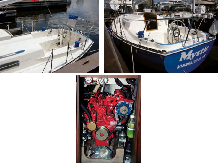 Jerry changed the mainsheet on Mystic so it attaches to a fixed point in front of the steering pedestal, at left. These photographs were taken at Mystic’s launching after her deck was Awlgripped. The characteristic C&C perforated toerail, at right, stiffens the hull-to-deck joint and provides convenient attachment points for sheets and lines. Mystic was originally fitted with an Atomic 4. Jerry installed the 20-horsepower Beta Marine diesel, below, her third engine.