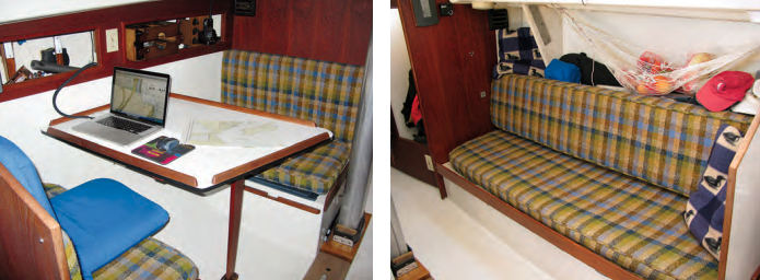 The convertible dinette seats four in a pinch, at left, but it’s more comfortable for two. Note the cubbies outboard and, at lower right, the troublesome mast step. The chainplate is bolted to a plywood knee under the sidedeck, at right. Water leaking past old sealant around the deck fitting can weaken the knee and the chainplate. The starboard settee is fitted with a lee cloth and pulls out to make a good sea berth. Easy-to-rig net hammocks are ideal for stowing veggies.