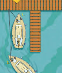 Backing out of a slip with a strong wind on the bow, control the boat with a bow line.
