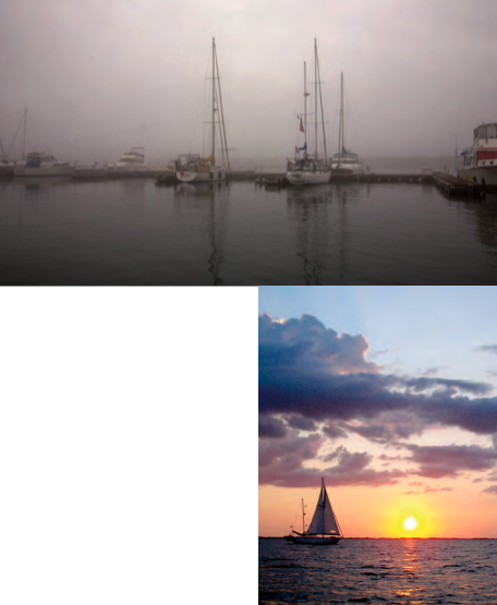 Soft and diffused light usually makes for better photos. It reveals more visible details, prevents overly bright areas, and makes colors more vivid (when not shrouded in fog). In midday sunshine this photograph, at right, would have lost its pizazz, with overly white patches overwhelming the rigging. This memorable boat portrait, at right below, is for a friend who enjoys sunsets. using the dramatic lighting of the Magic Hour, the composition accentuates the boat, sky, and sun to capture his sailing essence. Leaving space ahead of his boat gives it somewhere to sail toward — in this picture it’s the sunset.