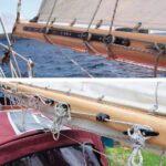 Three reefs in the mainsail means three clew outhauls, above. Under a full mainsail, the outhaul tails are short, but once the first reef is tied in, the tails of all three need to be coiled and securely stowed, below.