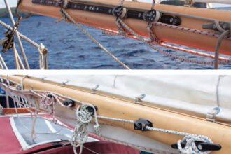 Three reefs in the mainsail means three clew outhauls, above. Under a full mainsail, the outhaul tails are short, but once the first reef is tied in, the tails of all three need to be coiled and securely stowed, below.