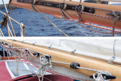 Three reefs in the mainsail means three clew outhauls, above. Under a full mainsail, the outhaul tails are short, but once the first reef is tied in, the tails of all three need to be coiled and securely stowed, below.