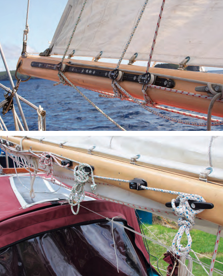 Three reefs in the mainsail means three clew outhauls, above. Under a full mainsail, the outhaul tails are short, but once the first reef is tied in, the tails of all three need to be coiled and securely stowed, below.