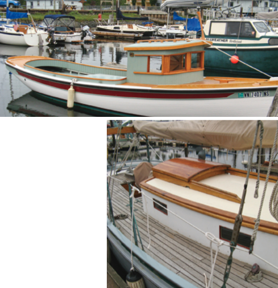 A combination of finishes can look attractive, whether it’s varnish and paint of different colors, at left, or a mix of painted surfaces with bright and bare teak, below.