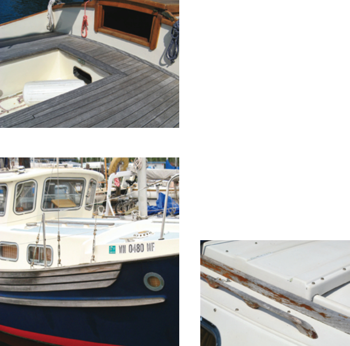 Weathered or bright, with a little care, teak will last for years, as on this 84-year-old San Francisco Bird, above. Bare teak rubbing strakes, below, look shippy, but peeling varnish, below right, suggests neglect.