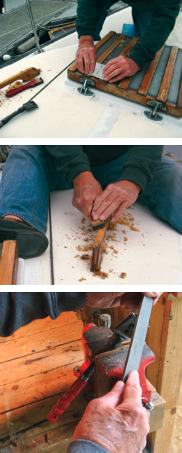 A cabinet scraper is well suited to flat surfaces like hatch battens, top. The Skarsten-type hook scraper works well on handrails and similar rounded surfaces, center, and keeping it sharp is essential if it’s to perform efficiently, bottom.