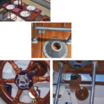 Don solved the problem of where to stow a cockpit table when he devised a way to use the saloon table in the cockpit, at left. Its H-shaped legs fit in sockets on the underside of the tabletop, center below (the big round sockets are for the saloon legs). To secure the table, Don uses the Edson nut from his steering wheel, at bottom left, to clamp a wooden bracket on the steering shaft, at bottom right.